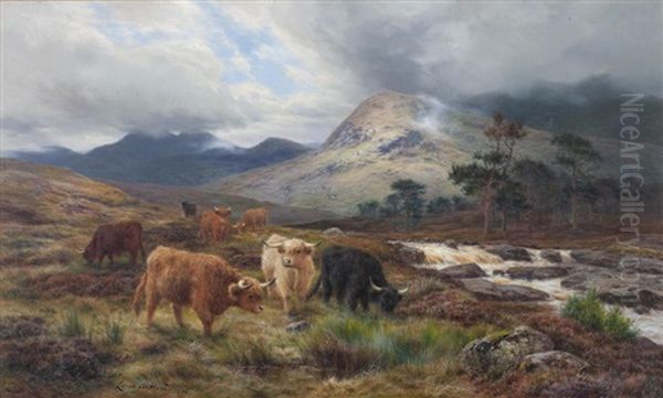 Cattle By A Highland Torrent Oil Painting by Louis Bosworth Hurt