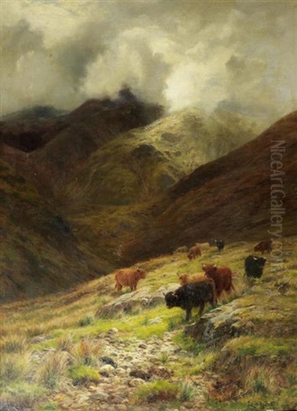 Beneath The Gathering Mists, Highland Cattle Oil Painting by Louis Bosworth Hurt