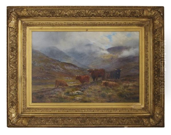 Highland Cattle In A Mountain Glen Oil Painting by Louis Bosworth Hurt