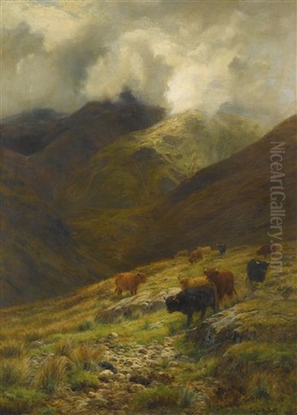 Beneath The Gathering Mists, Highland Cattle Oil Painting by Louis Bosworth Hurt