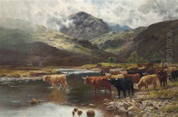 Cattle Crossing The River Garie, Kinlochewe, Scotland Oil Painting by Louis Bosworth Hurt