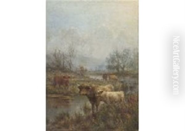 A Misty Morning, Scotch Cattle Oil Painting by Louis Bosworth Hurt