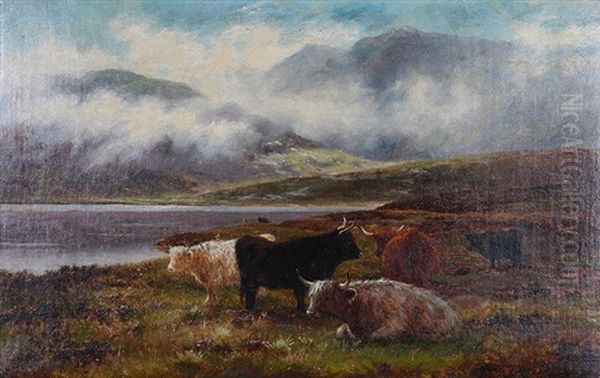 Mountain Landscapes With Highland Cattle (a Pair) Oil Painting by Louis Bosworth Hurt