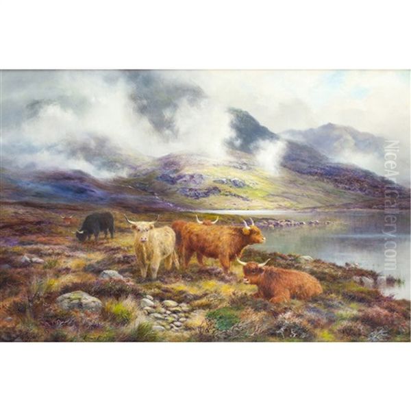 Highland Cattle By The Lochside Oil Painting by Louis Bosworth Hurt