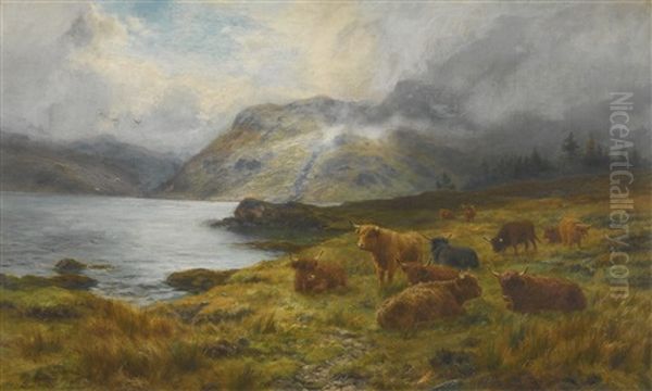 Highland Cattle Resting By A Loch Oil Painting by Louis Bosworth Hurt