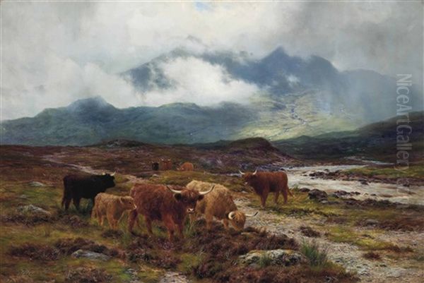 Highland Cattle By A Mountain Stream Oil Painting by Louis Bosworth Hurt