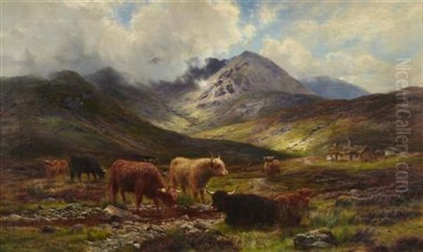 Highland Cattle Watering In A Mountain Glen Oil Painting by Louis Bosworth Hurt