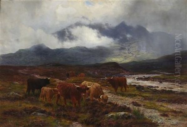 Highland Cattle By A Mountain Stream Oil Painting by Louis Bosworth Hurt