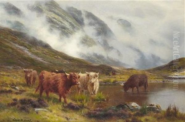 Cattle Watering In A Mountain Loch Oil Painting by Louis Bosworth Hurt