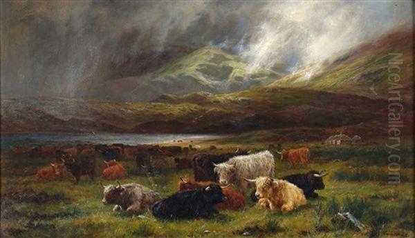 Highland Cattle Resting Near A Loch Oil Painting by Louis Bosworth Hurt