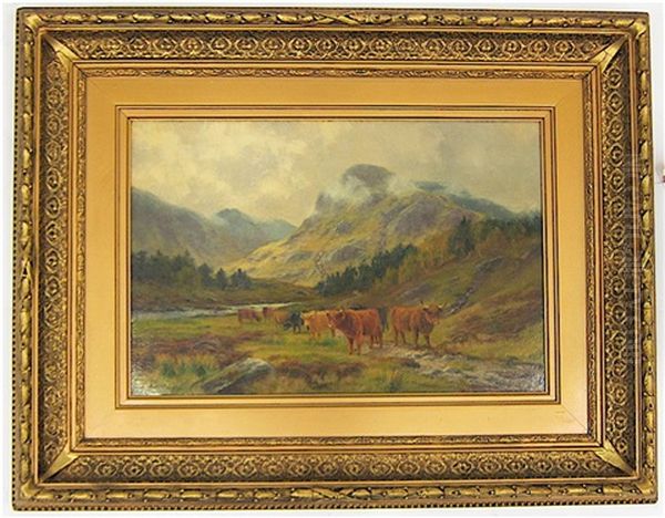 Highland Cattle Grazing In A Mountain Landscape Oil Painting by Louis Bosworth Hurt