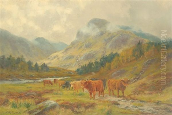 Highland Cattle Grazing In A Mountain Landscape With Low Clouds Oil Painting by Louis Bosworth Hurt