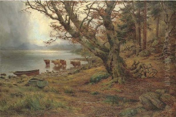 Highland Cattle By A Lake Oil Painting by Louis Bosworth Hurt