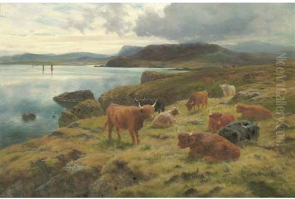 Highland Cattle In A Coastal Landscape Oil Painting by Louis Bosworth Hurt