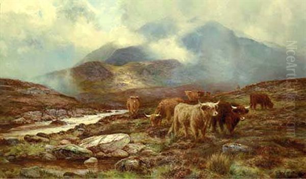 Highland Cattle By A Mountain Stream Oil Painting by Louis Bosworth Hurt