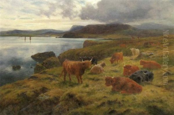 Highland Cattle In A Coastal Landscape Oil Painting by Louis Bosworth Hurt