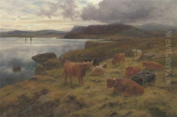 Highland Cattle In A Coastal Landscape Oil Painting by Louis Bosworth Hurt