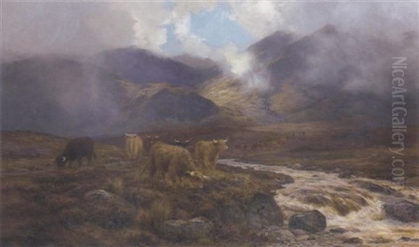 Highland Cattle By A Mountain Stream Oil Painting by Louis Bosworth Hurt