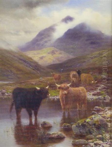 Highland Cattle In Lake And Mountain Landscape Oil Painting by Louis Bosworth Hurt