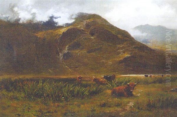 Highland Cattle Resting In A Mountainous Landscape Oil Painting by Louis Bosworth Hurt