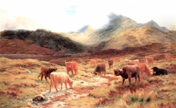 Highland Cattle Beside A Loch Oil Painting by Louis Bosworth Hurt