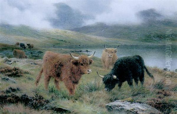 Highland Cattle Beside A Loch Oil Painting by Louis Bosworth Hurt