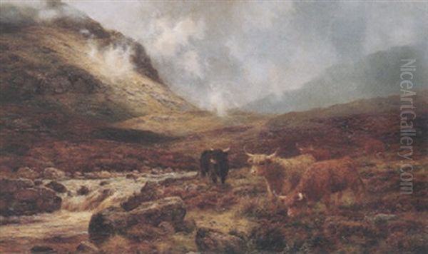 Highland Cattle By A Stream Oil Painting by Louis Bosworth Hurt