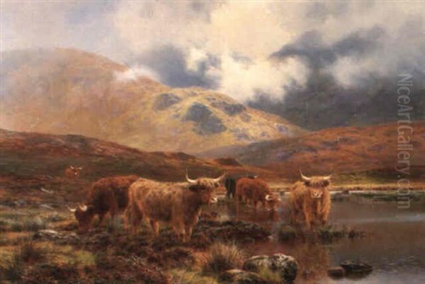 Highland Cattle By A Lochan In A Mist Covered Mountainous Landscape Oil Painting by Louis Bosworth Hurt