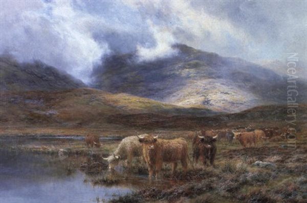 Highland Cattle In A Mist Covered Landscape Oil Painting by Louis Bosworth Hurt