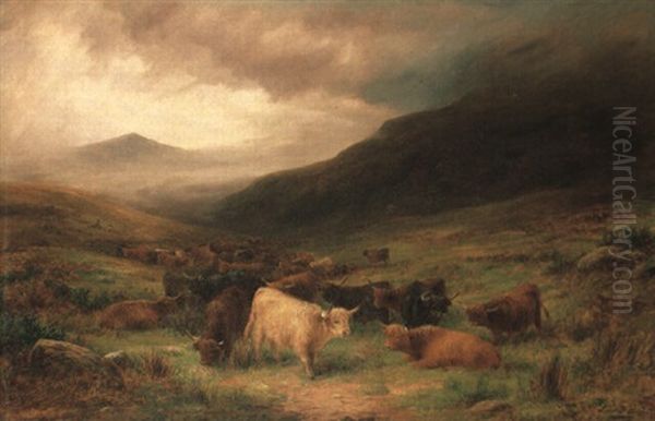 Highland Cattle Resting In A Mountainous Landscape Oil Painting by Louis Bosworth Hurt