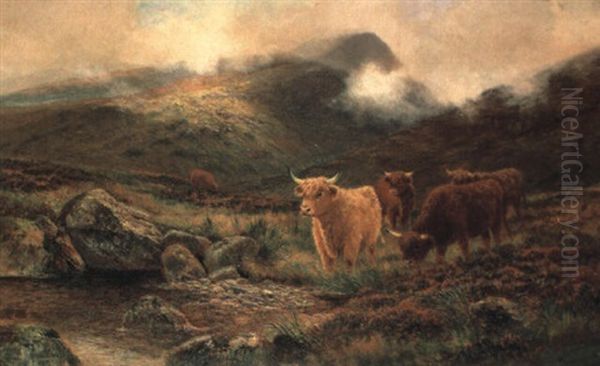 Highland Cattle By A Burn In A Mist-covered Glen Oil Painting by Louis Bosworth Hurt