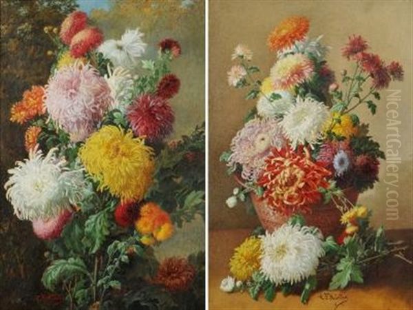 Still Life Of Dahlias In A Terracotta Vase On A Ledge Oil Painting by Carl Ferdinand Hurten