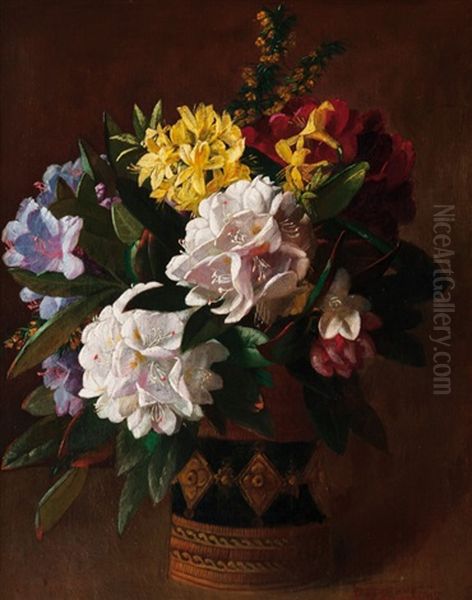 Vase With Rhododendrons Oil Painting by Charles Frederick Hurten