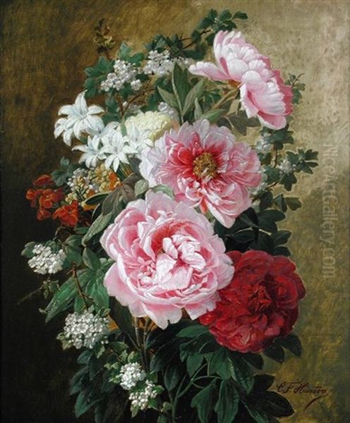 Still Life Of Roses And Apple Blossom Oil Painting by Charles Frederick Hurten