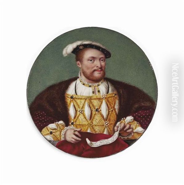 King Henry Viii (1491-1547), In Embroidered Gold Tunic Adorned With Jewels And Slashed To Reveal White Shirt With Gold And Jewelled Trim, Fur Stole Over His Shoulders Oil Painting by Johann Heinrich von Hurter