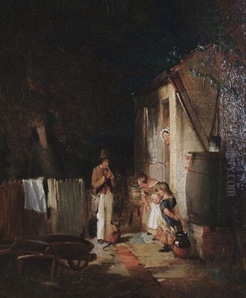 A Savoyard Before A Cottage Door Oil Painting by Robert (Huskisson) Huskinson