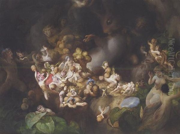 Titania's Elves Robbing The Squirrel's Nest - A Midsummer Night's Dream Oil Painting by Robert (Huskisson) Huskinson