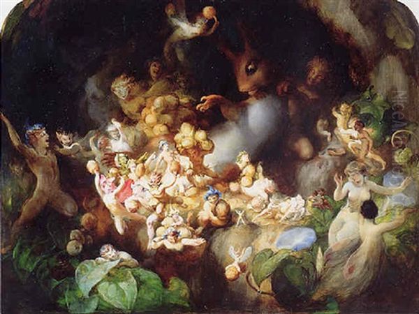 Titania's Elves Robbing The Squirrel's Nest - Midsummer Night's Dream Oil Painting by Robert (Huskisson) Huskinson