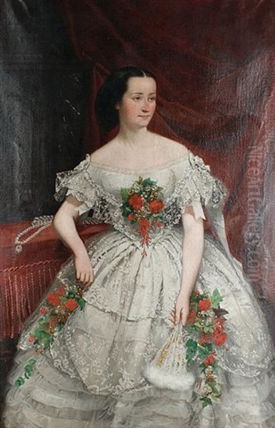 A Three-quarter Length Portrait Of A Woman In A Lace Ballgown Applied With Flowers by Joseph Hussenot