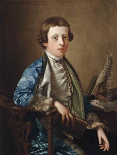 Portrait Of A Boy, Traditionally Known As John Wolffe, Half-length, In A Satin Waistcoat And Fur-lined Blue Coat, At A Writing Table Oil Painting by Giles Hussey