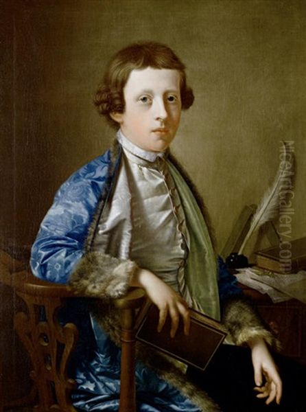 Portrait Of A Boy (john Wolffe) In A Blue Brocade Fur-trimmed Coat, Seated At A Table Holding A Book Oil Painting by Giles Hussey