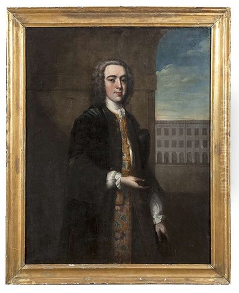 A Portrait Of Maurice Eustace, Standing Three-quarter Length In An Arcaded Courtyard, And Wearing A Legal Gown With Full Embroidered Undercoat Oil Painting by Philip Hussey