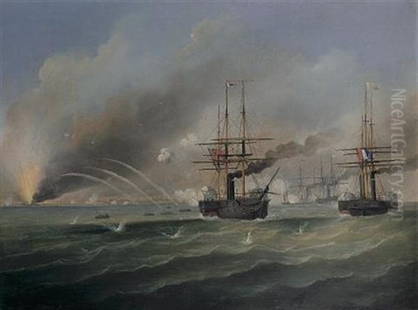 The Bombardment Of Odessa, 22nd April 1854 Oil Painting by Francis Hustwick