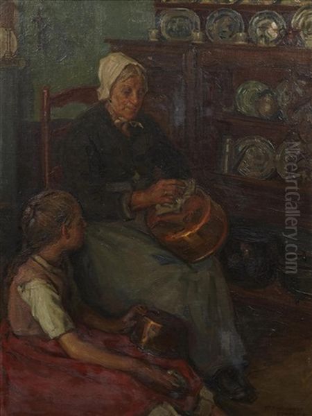 A Woman And Child Cleaning Copper Pots Oil Painting by Frank Townsend Hutchens