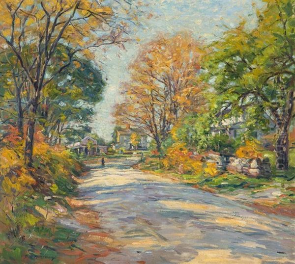 Figure Walking Along A Tree-lined Street by Frank Townsend Hutchens