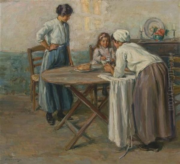 Women In An Interior Oil Painting by Frank Townsend Hutchens