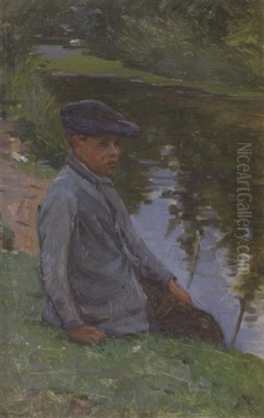 Young Boy On A Riverbank Oil Painting by Frank Townsend Hutchens