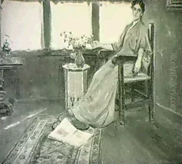 Woman In An Interior Oil Painting by Frank Townsend Hutchens