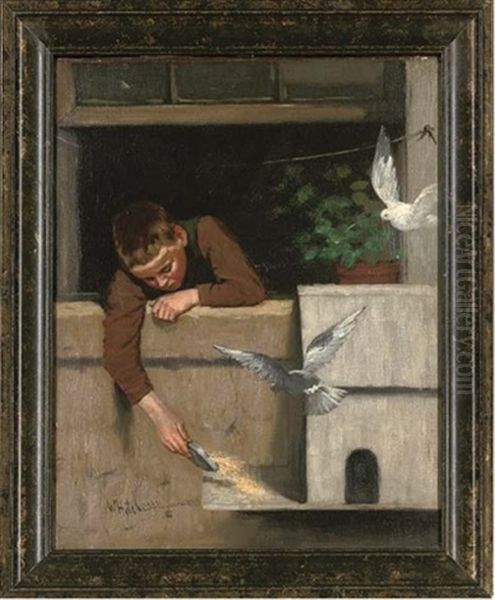 Feeding The Birds Oil Painting by Walter Hutcheson