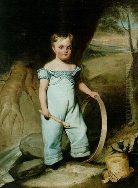 Portrait Of A Boy Holding A Hoop In A Landscape Oil Painting by William Henry Florio Hutchinson